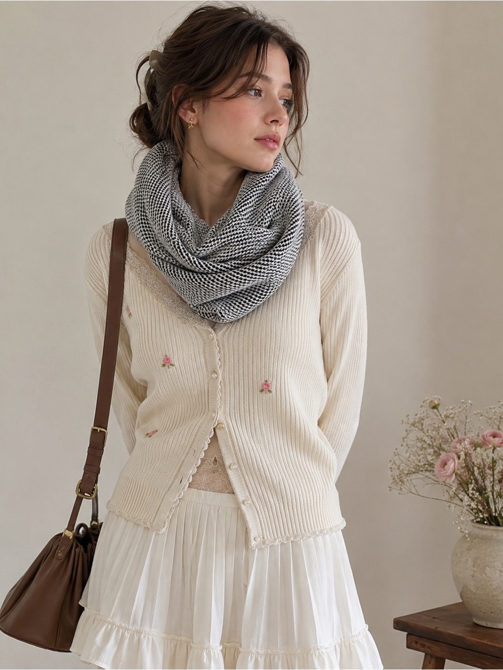H&M Cozy Black & White Knit Infinity Scarf Gilmore Girls Y2K